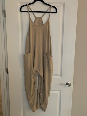 Free People Neutral Beige Relaxed-Strap Jumpsuit with Pockets